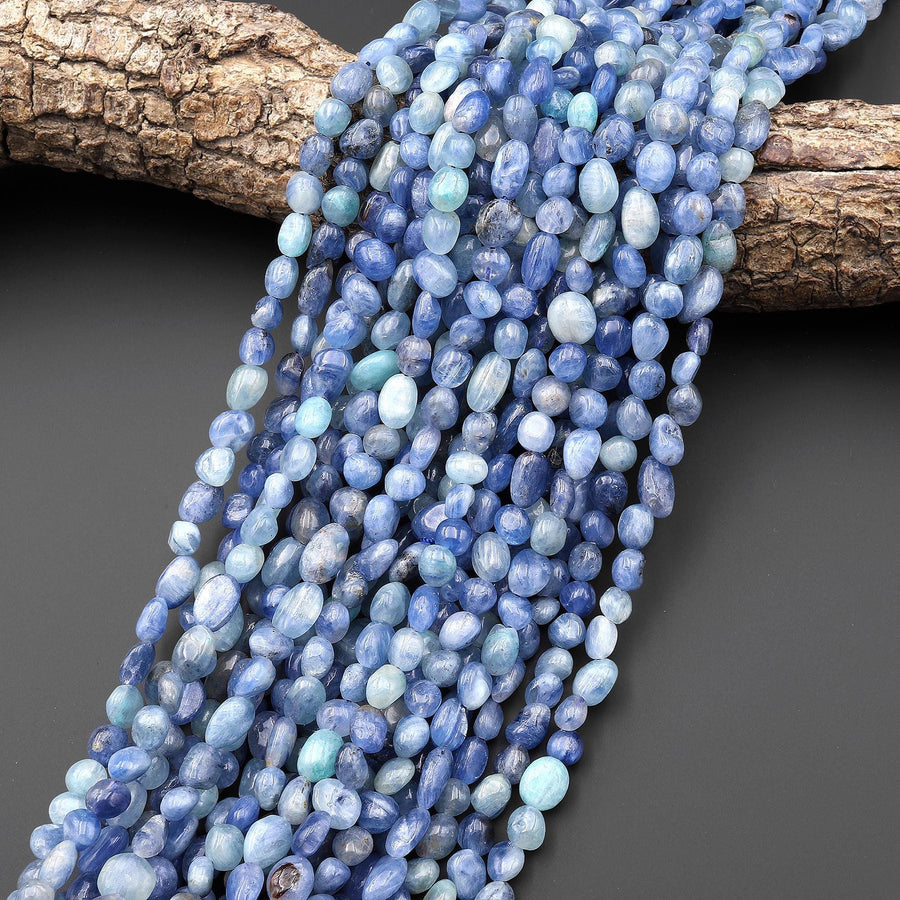 Natural Silvery Blue Kyanite Freeform Oval Pebble Nugget Beads 15.5" Strand