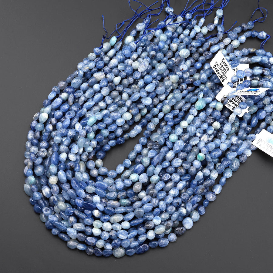 Natural Silvery Blue Kyanite Freeform Oval Pebble Nugget Beads 15.5" Strand