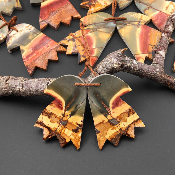Carved American Eagle Natural Red Creek Jasper Earrings Drilled Matched Gemstone Bead Pair A9