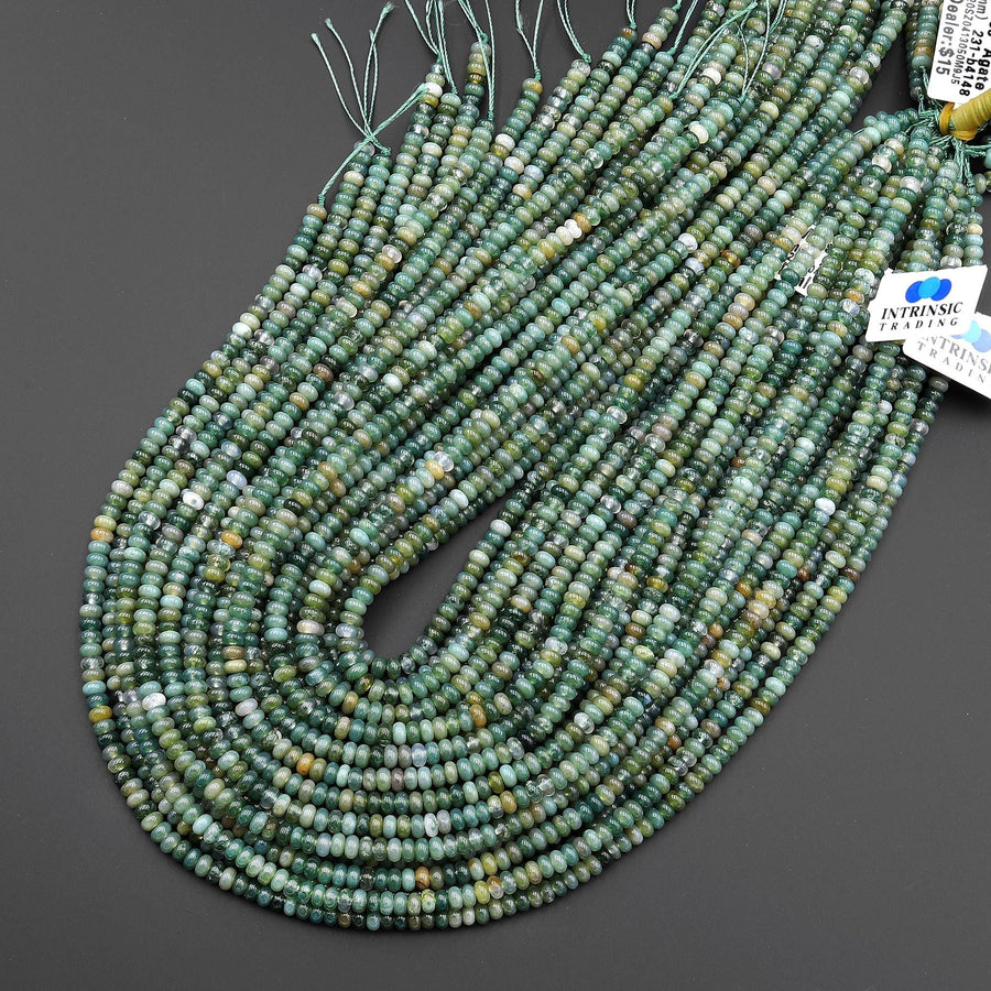 Natural Green Moss Agate Smooth 4mm Rondelle Beads 15.5" Strand