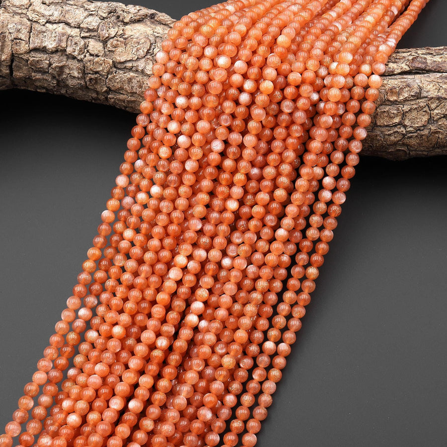 AAA Fiery Natural Orange Peach Moonstone Smooth 4mm Round Beads 15.5" Strand