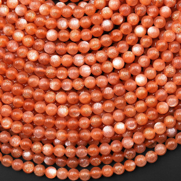 AAA Fiery Natural Orange Peach Moonstone Smooth 4mm Round Beads 15.5" Strand