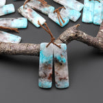Natural Madagascar Blue Amazonite W/ Red Iron Matrix Rectangle Earring Drilled Matched Gemstone Bead Pair