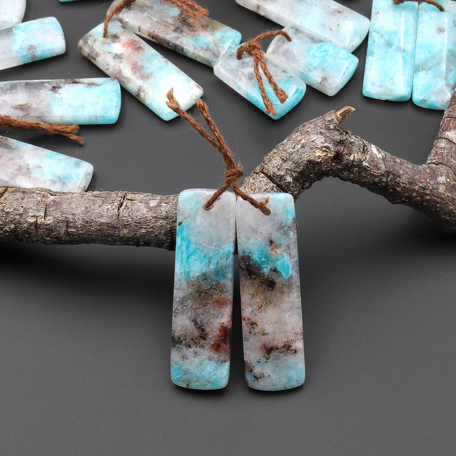 Natural Madagascar Blue Amazonite W/ Red Iron Matrix Rectangle Earring Drilled Matched Gemstone Bead Pair