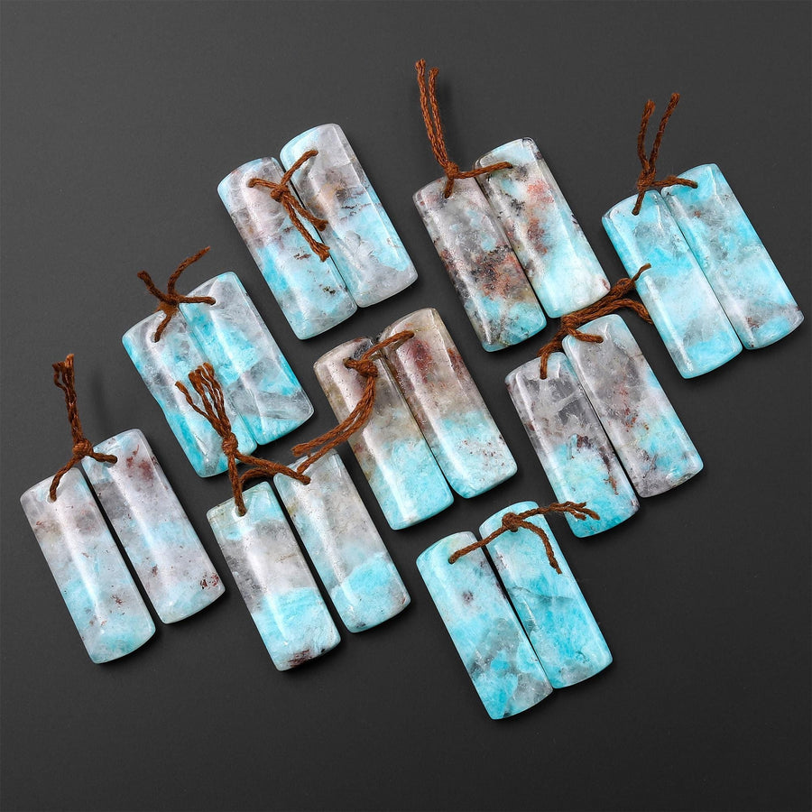 Natural Madagascar Blue Amazonite W/ Red Iron Matrix Rectangle Earring Drilled Matched Gemstone Bead Pair
