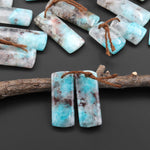 Natural Madagascar Blue Amazonite W/ Red Iron Matrix Rectangle Earring Drilled Matched Gemstone Bead Pair