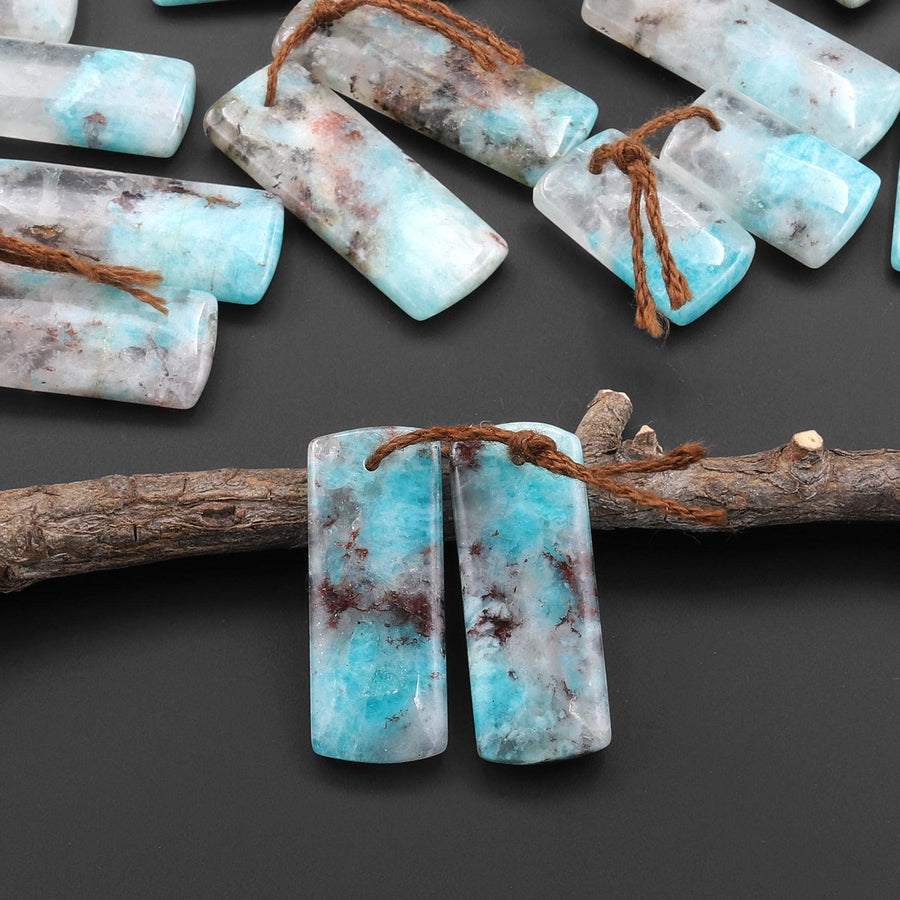 Natural Madagascar Blue Amazonite W/ Red Iron Matrix Rectangle Earring Drilled Matched Gemstone Bead Pair
