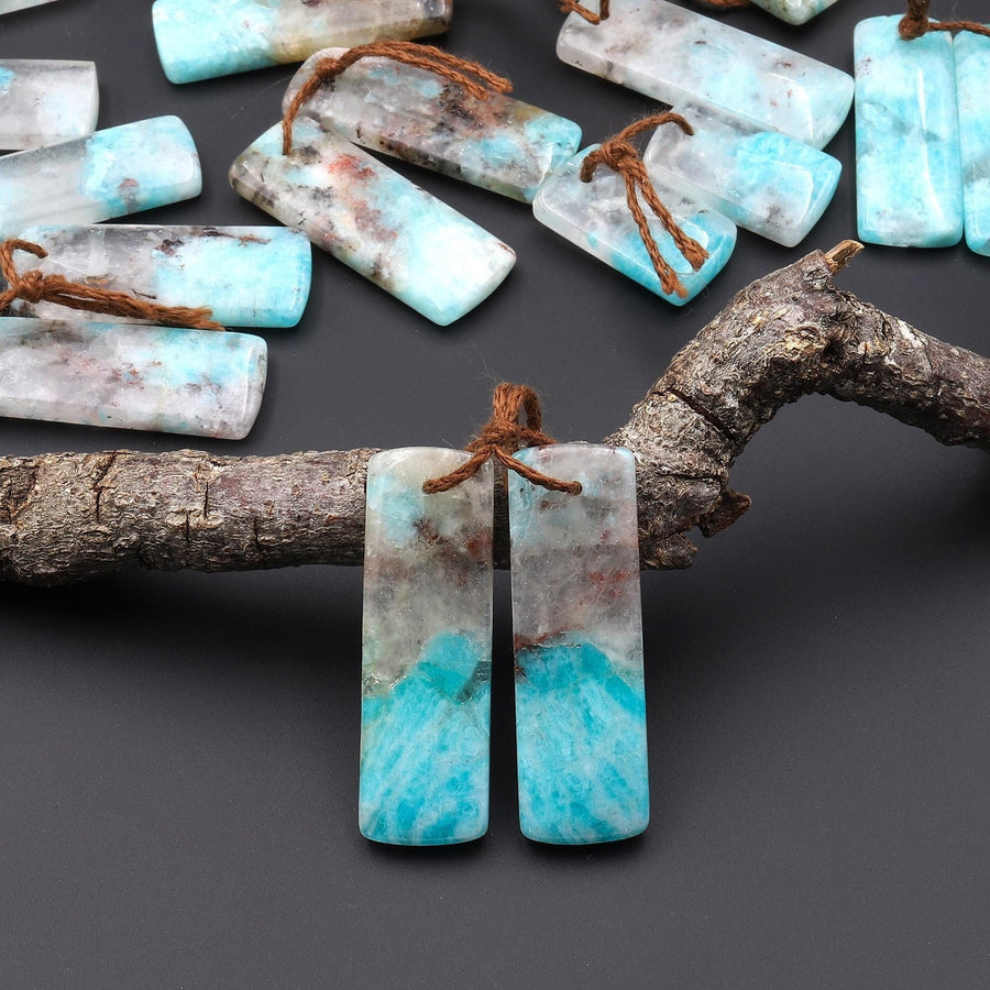 Natural Madagascar Blue Amazonite W/ Red Iron Matrix Rectangle Earring Drilled Matched Gemstone Bead Pair A2