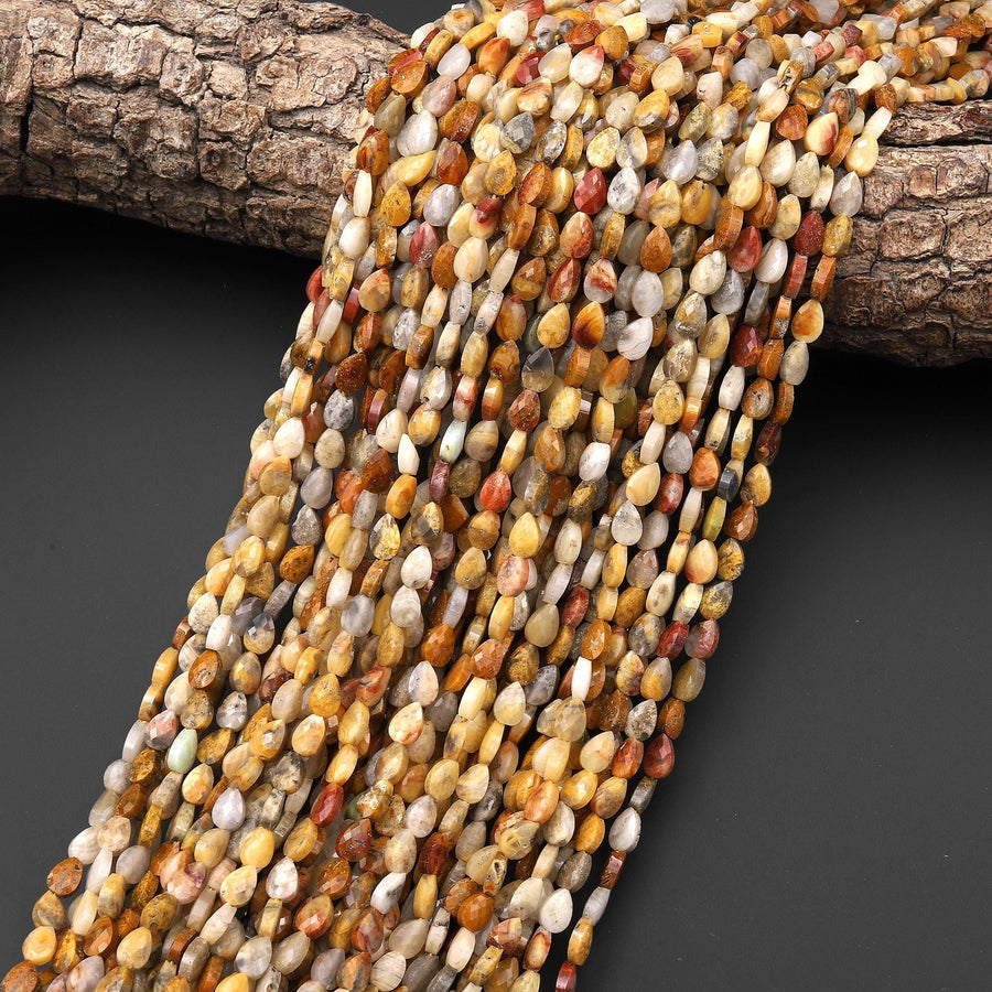 Faceted Natural Yellow Crazy Lace Agate Leaf Teardrop Gemstone Beads 4x6mm 15.5" Strand