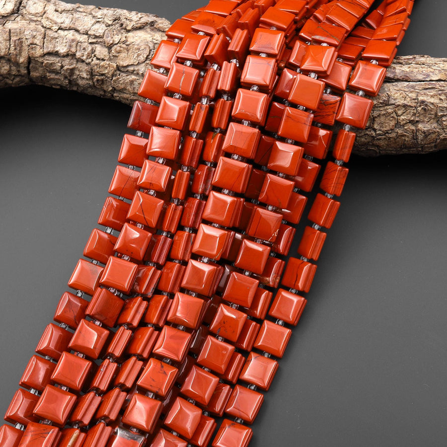 AAA Natural Red Jasper Smooth Square Beads w/ Grooved Line Around 16" Strand
