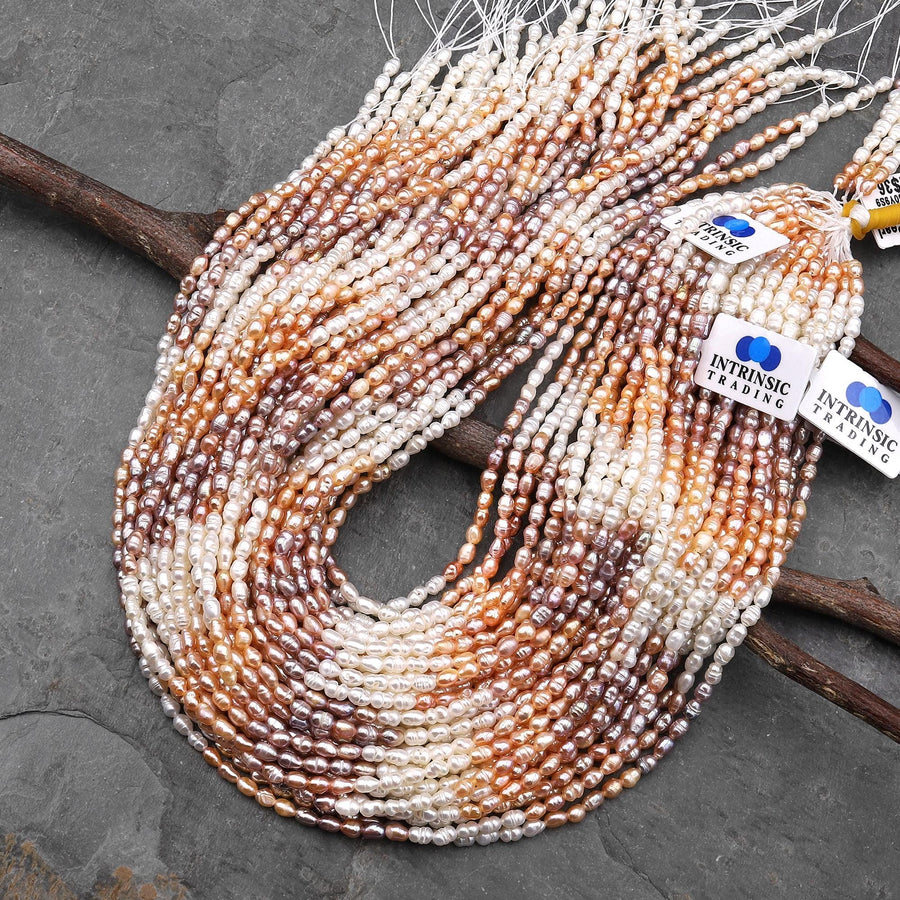 Genuine Natural White Peach Pink Mauve Purple Freshwater Pearl Small Rice Oval 3x4mm Ombre Shimmery Iridescent Classic Pearl 14" Strand