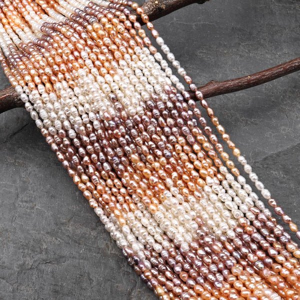 Genuine Natural White Peach Pink Mauve Purple Freshwater Pearl Small Rice Oval 3x4mm Ombre Shimmery Iridescent Classic Pearl 14" Strand