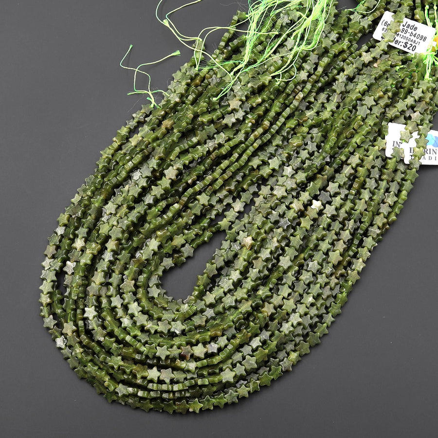 Natural Green Serpentine Jade Star Beads 6mm Carved Gemstone 15.5" Strand