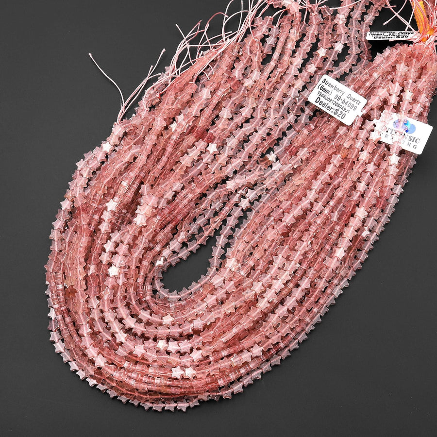 Natural Pink Strawberry Quartz Star Beads 6mm Carved Gemstone 15.5" Strand