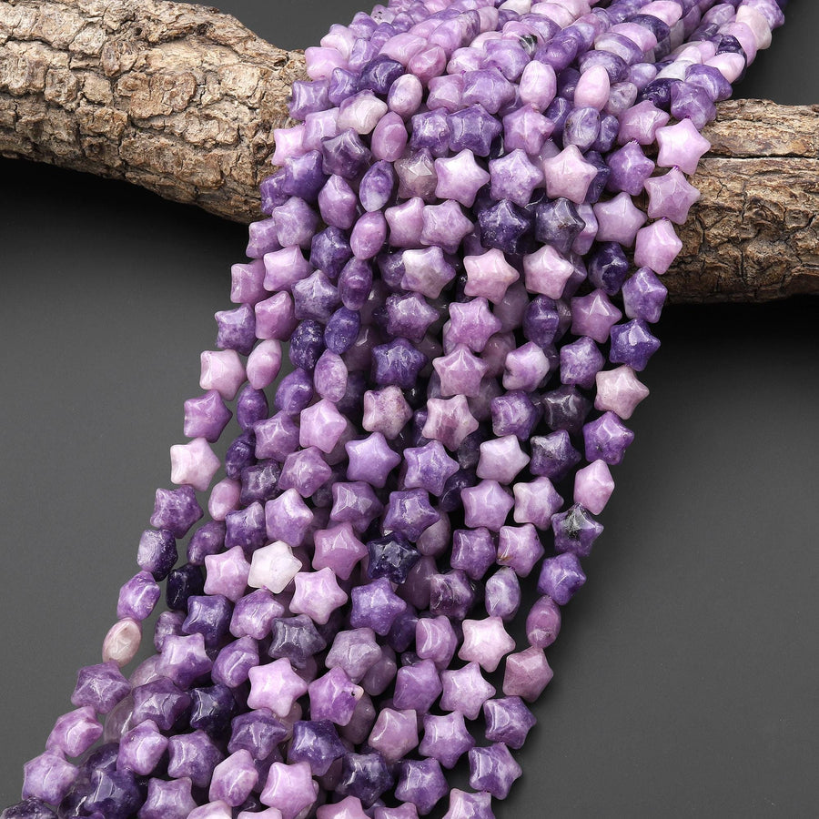 Natural Purple Lepidolite Beads 10mm Puffy Star Gemstone 15.5" Strand