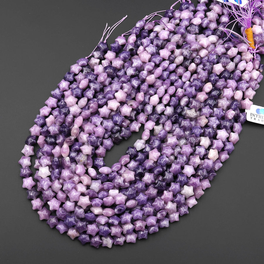 Natural Purple Lepidolite Beads 10mm Puffy Star Gemstone 15.5" Strand