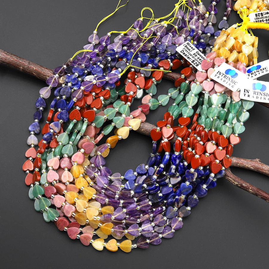 Natural Gemstone Smooth Flat Heart 8mm Beads Yellow Jade Petrified Rhodonite Aventurine Red Jasper Orange Sodalite Amethyst 15.5" Strand