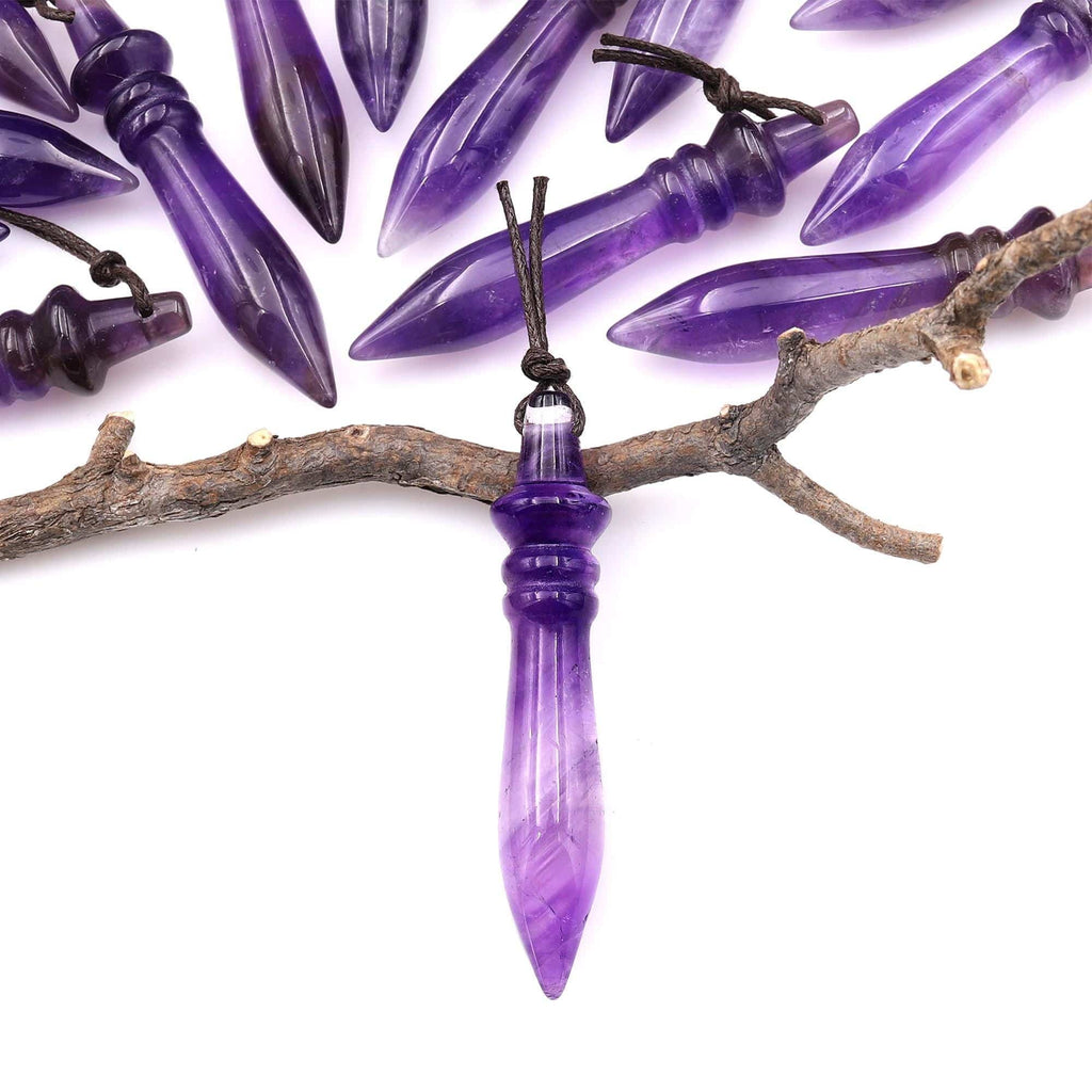 Natural Purple Amethyst Carved Wand Ritual Dagger Pendant Drilled Crystal Gemstone Bead Pendulum A3