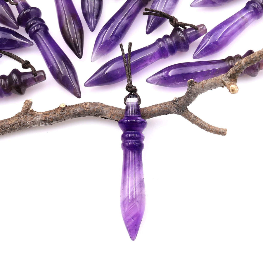 Natural Purple Amethyst Carved Wand Ritual Dagger Pendant Drilled Crystal Gemstone Bead Pendulum A3