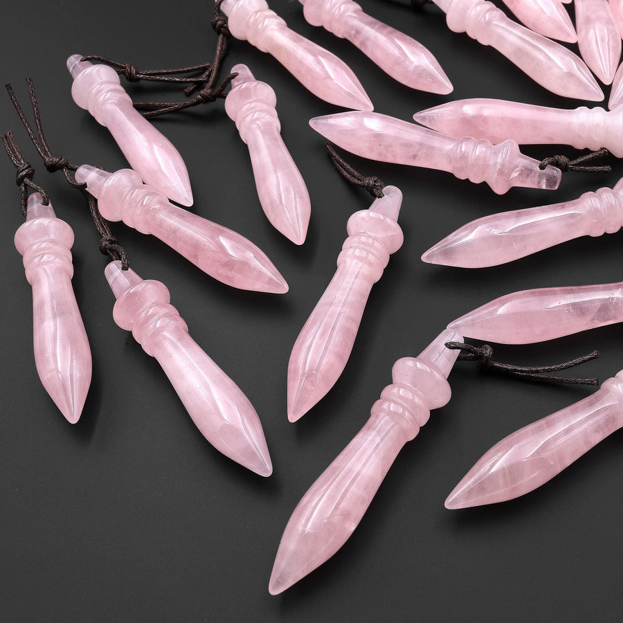 Natural Pink Rose Quartz Carved Wand Ritual Dagger Pendant Drilled Crystal Gemstone Bead Pendulum