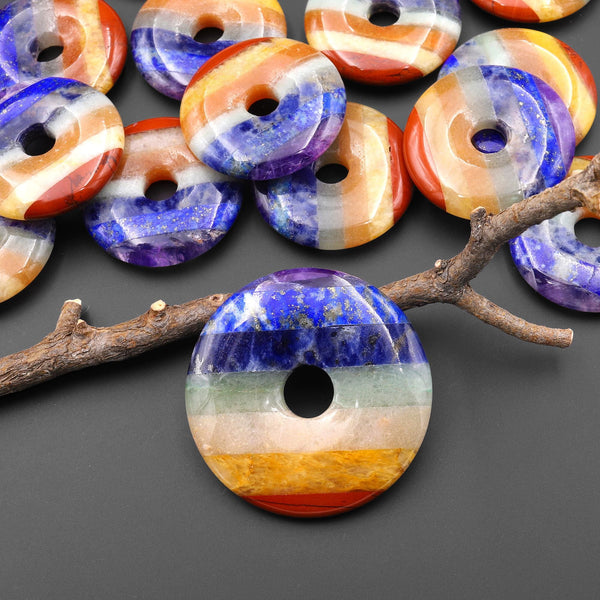 Rainbow 7 Chakra Natural Gemstone Crystal Donut Pendant 40mm