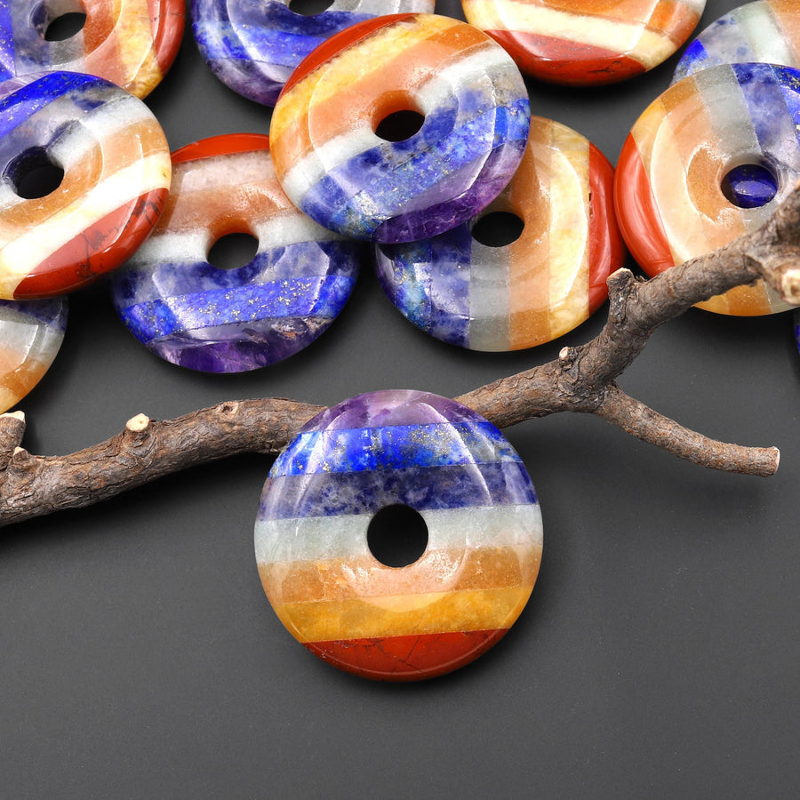 Rainbow 7 Chakra Natural Gemstone Crystal Donut Pendant 30mm