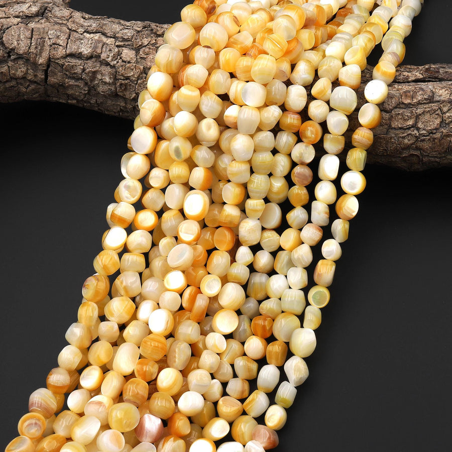 Natural Golden Mother of Pearl Freeform Smooth Rounded Nugget Beads Iridescent Shell 15.5" Strand