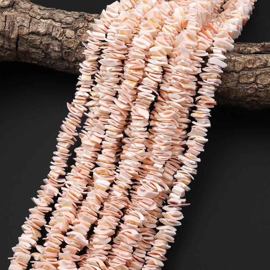 Natural Soft Coral Pink Mother of Pearl Freeform Heishi Thin Disc Center Dilled Beads 15.5" Strand
