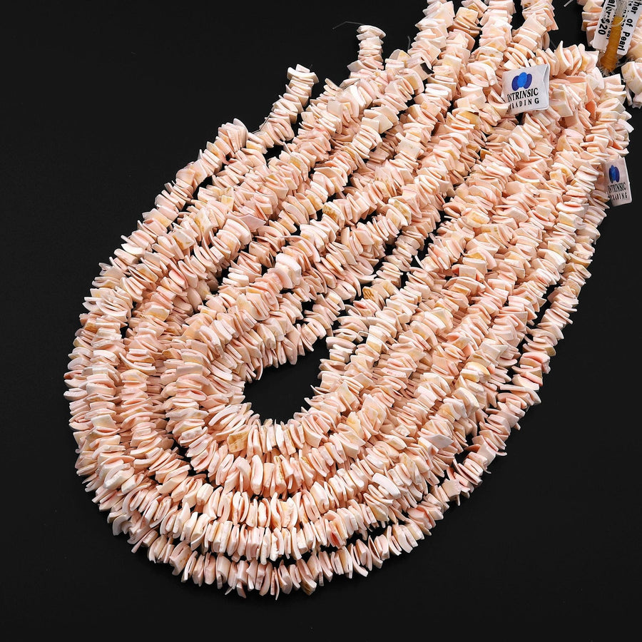 Natural Soft Coral Pink Mother of Pearl Freeform Heishi Thin Disc Center Dilled Beads 15.5" Strand