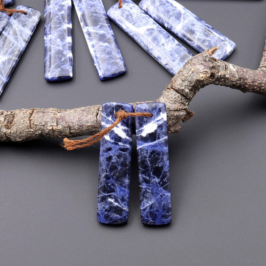 Natural Blue Sodalite Rectangle Earrings Drilled Matched Gemstone Bead Pair