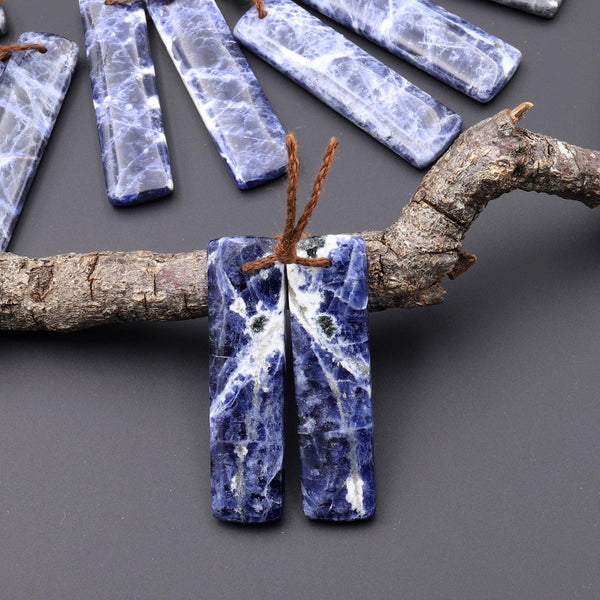 Natural Blue Sodalite Rectangle Earrings Drilled Matched Gemstone Bead Pair