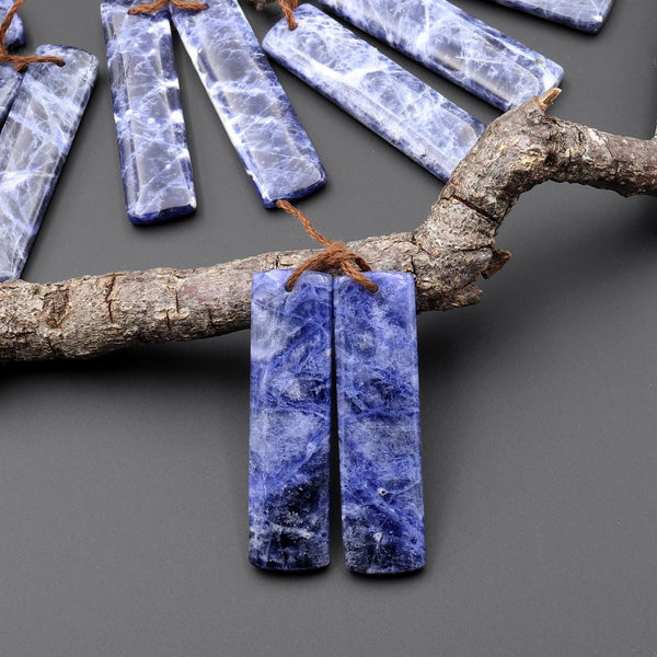 Natural Blue Sodalite Rectangle Earrings Drilled Matched Gemstone Bead Pair A2