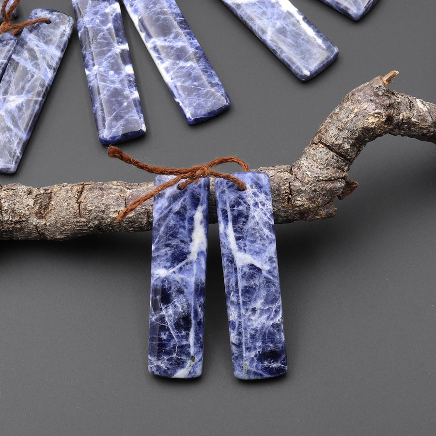 Natural Blue Sodalite Rectangle Earrings Drilled Matched Gemstone Bead Pair A6