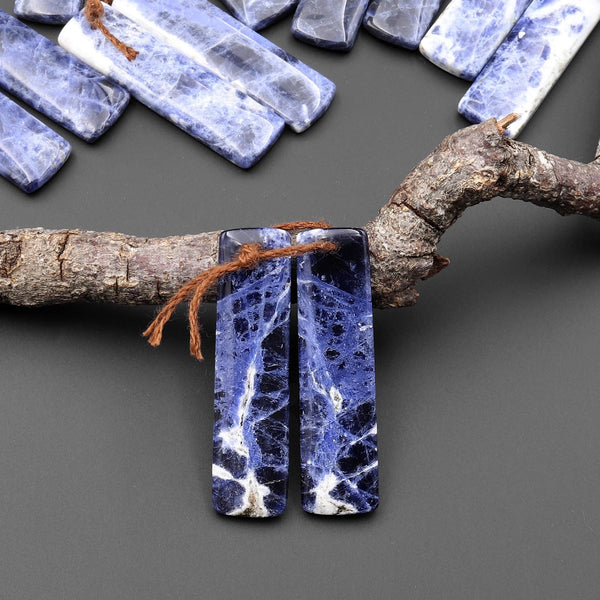 Natural Blue Sodalite Rectangle Earrings Drilled Matched Gemstone Bead Pair A8