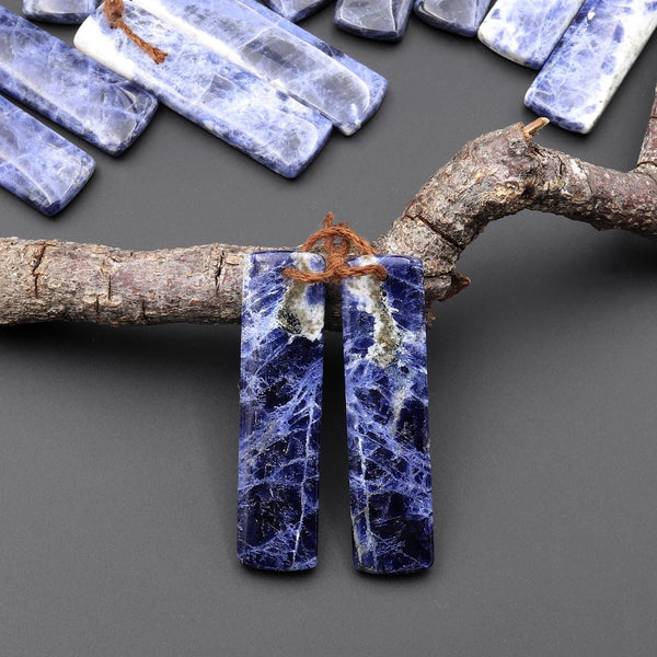 Natural Blue Sodalite Rectangle Earrings Drilled Matched Gemstone Bead Pair A9