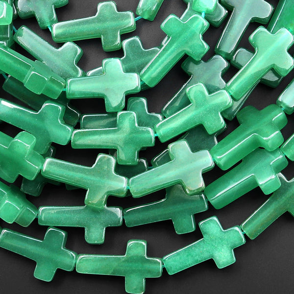 Natural Green Aventurine Cross Beads 10x14mm 12x20mm Vertically Drilled Gemstone 15.5" Strand