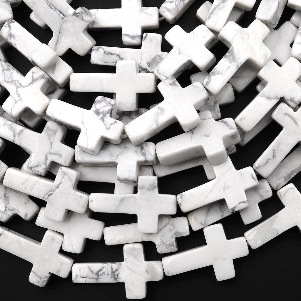 Natural White Howlite Cross Beads 10x14mm 12x20mm Vertically Drilled Gemstone 15.5" Strand