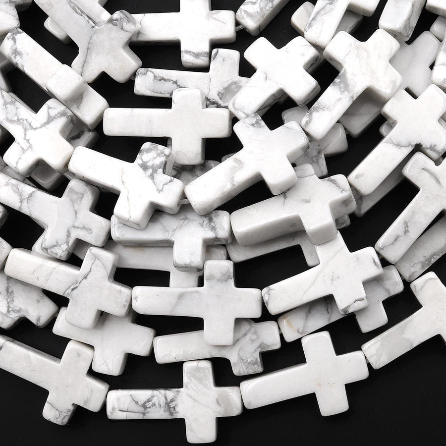 Natural White Howlite Cross Beads 10x14mm 12x20mm Vertically Drilled Gemstone 15.5" Strand