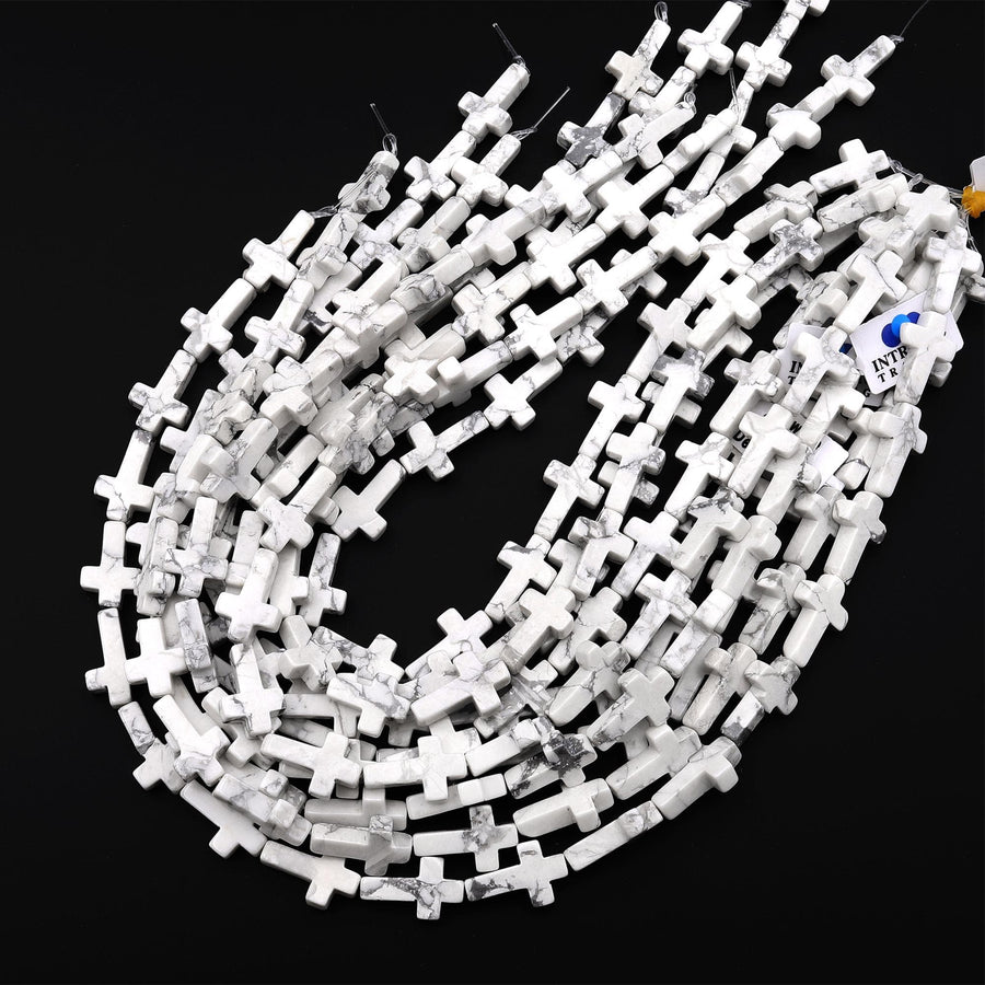 Natural White Howlite Cross Beads 10x14mm 12x20mm Vertically Drilled Gemstone 15.5" Strand