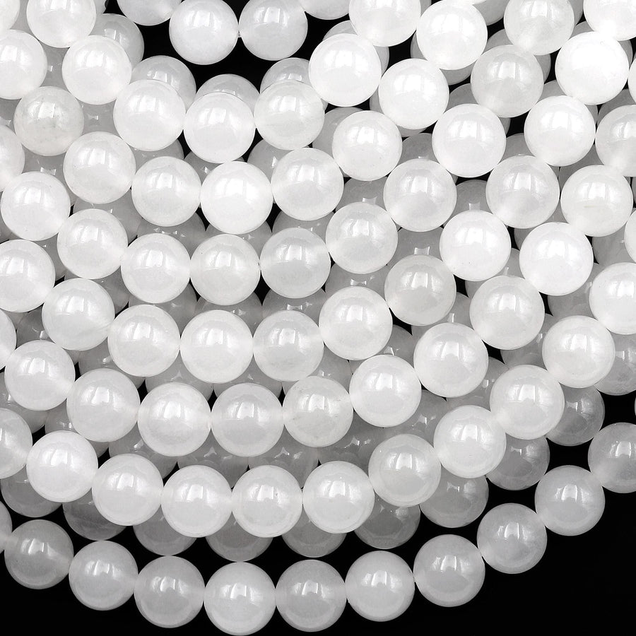 Pristine White Gemmy Natural Ice Mountain Jade 6mm 8mm 10mm Smooth Round Beads 15.5" Strand