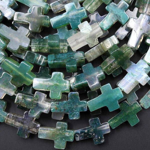 Natural Green Moss Agate Cross Beads 10x14mm 12x20mm Vertically Drilled Gemstone 15.5" Strand