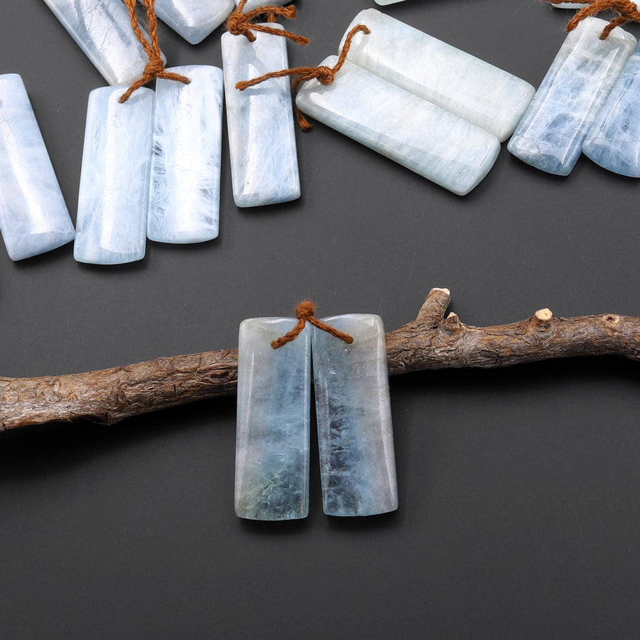 Genuine Natural Blue Aquamarine Earring Rectangle Pair Drilled Matched Gemstone Beads