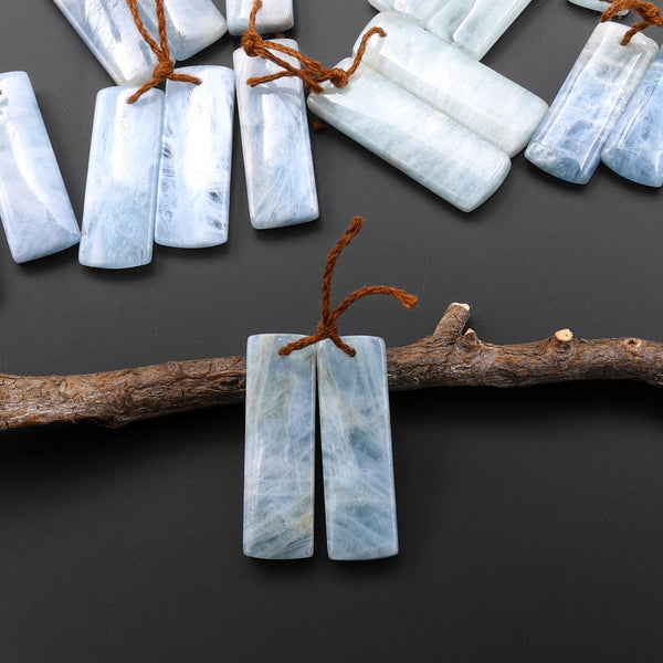 Genuine Natural Blue Aquamarine Earring Rectangle Pair Drilled Matched Gemstone Beads A3
