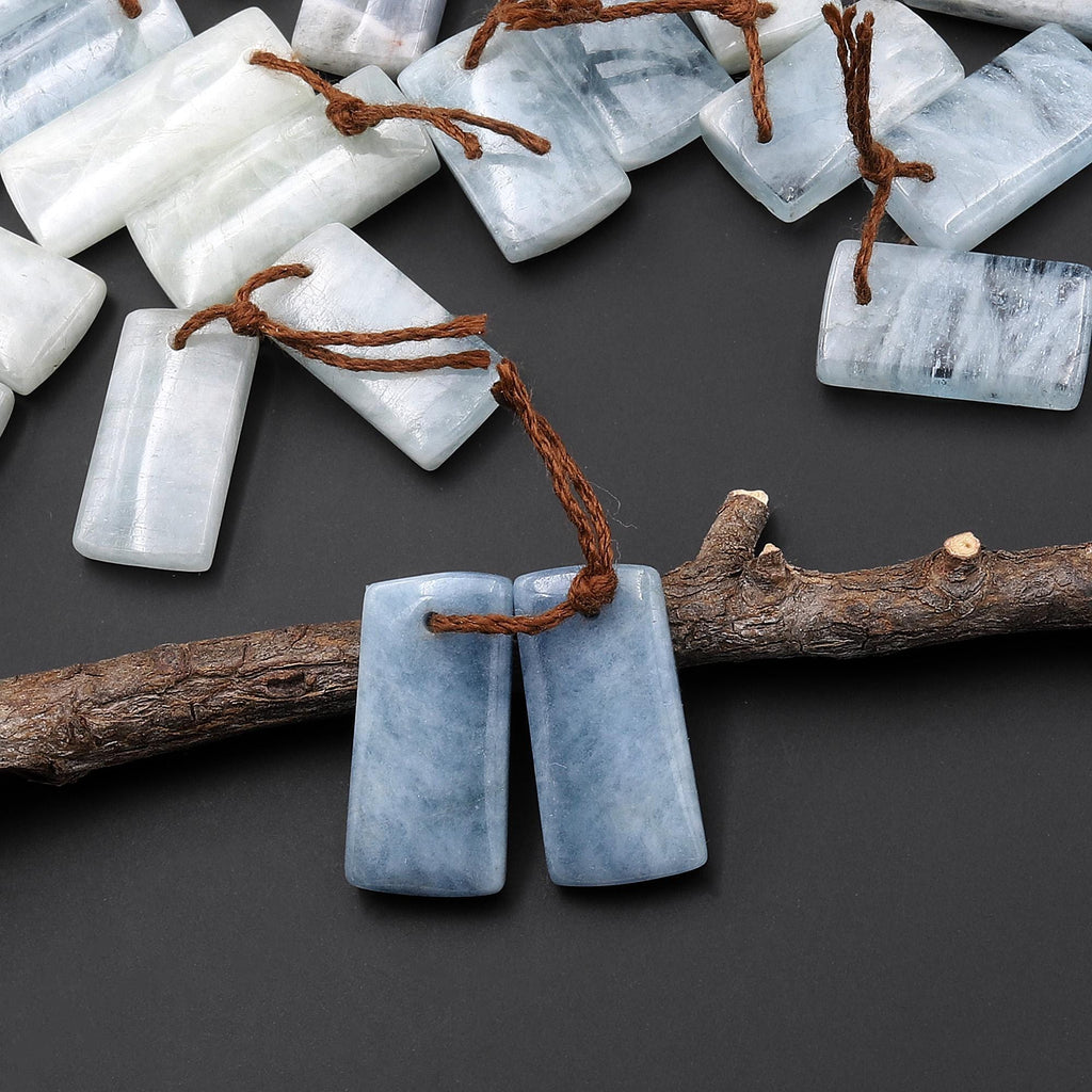 Genuine Natural Aquamarine Earring Short Rectangle Pair Drilled Matched Gemstone Beads A1