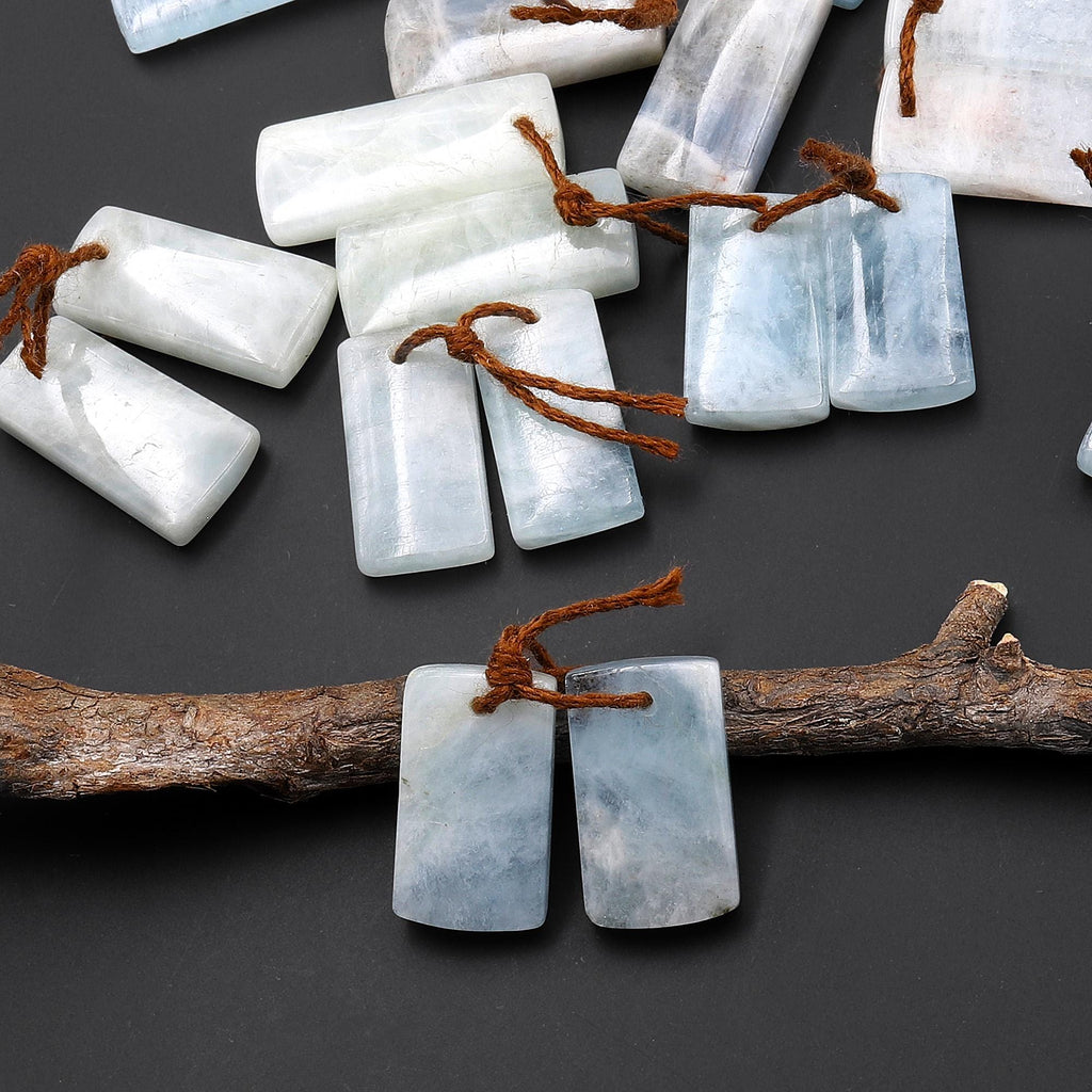 Genuine Natural Aquamarine Earring Short Rectangle Pair Drilled Matched Gemstone Beads A2