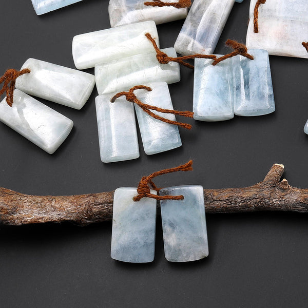 Genuine Natural Aquamarine Earring Short Rectangle Pair Drilled Matched Gemstone Beads A2