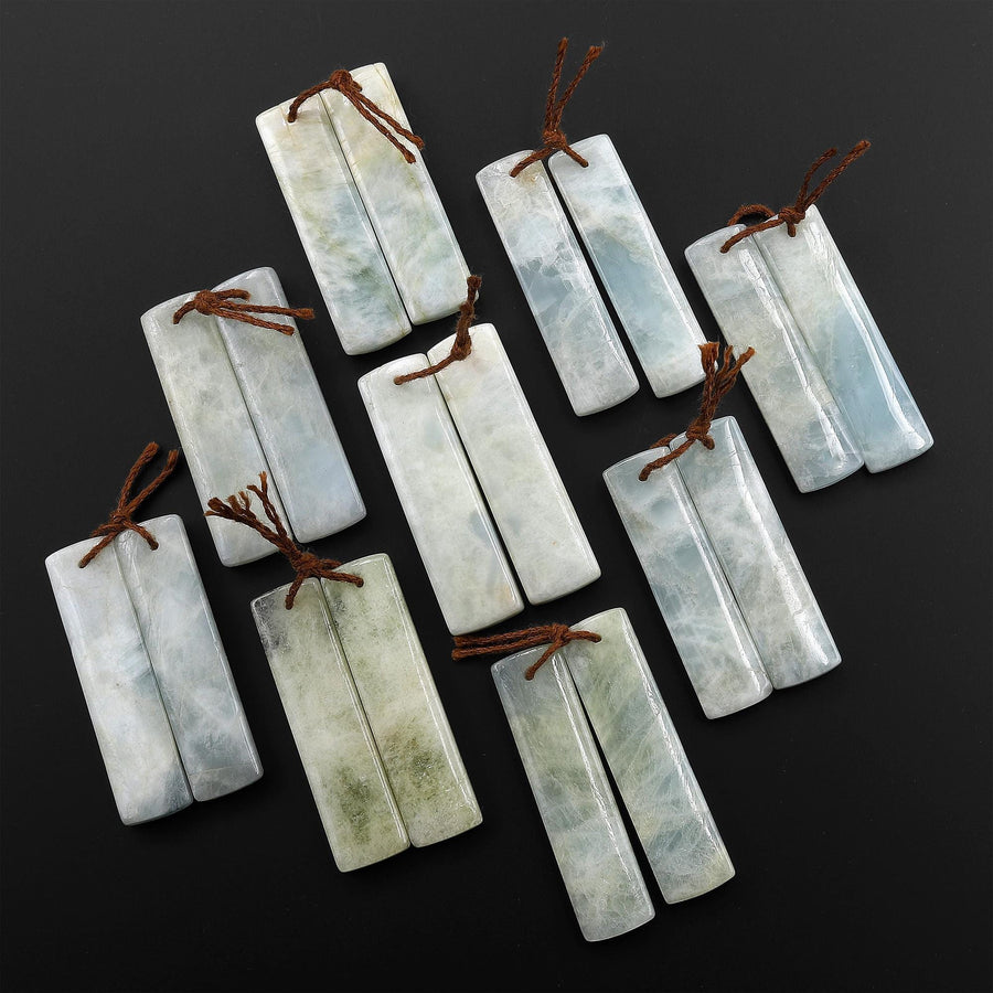 Natural Aqua Sea Green Blue Aquamarine Earring Rectangle Pair Drilled Matched Gemstone Beads
