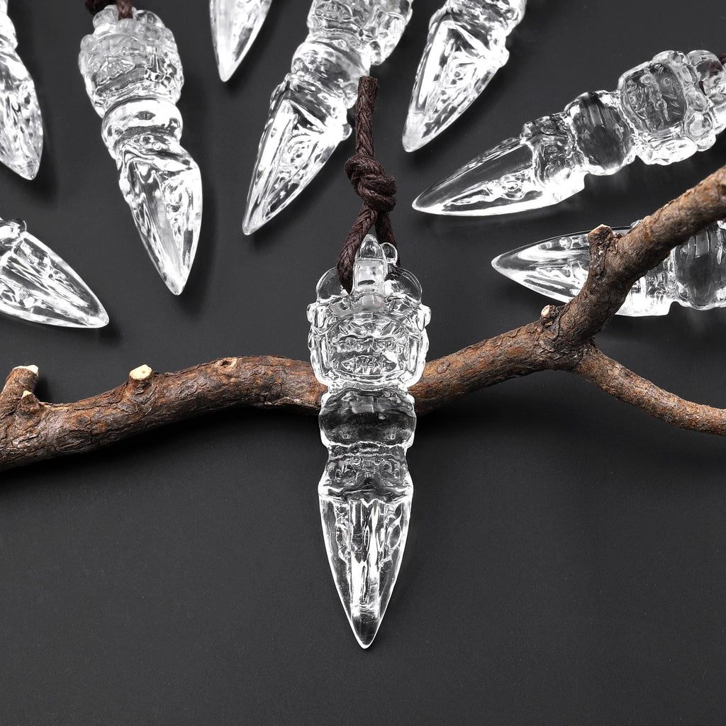 Natural Clear Rock Crystal Quartz Carved Phurba Dagger Pendant Protection Clarity and Spiritual Power