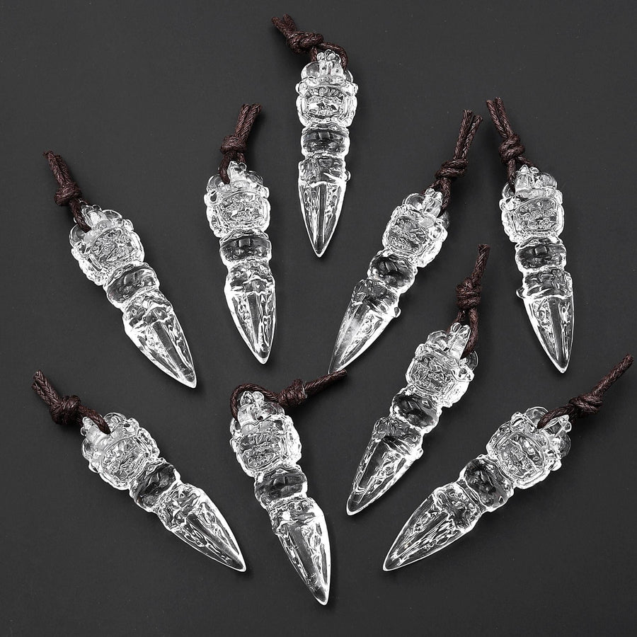Natural Clear Rock Crystal Quartz Carved Phurba Dagger Pendant Protection Clarity and Spiritual Power