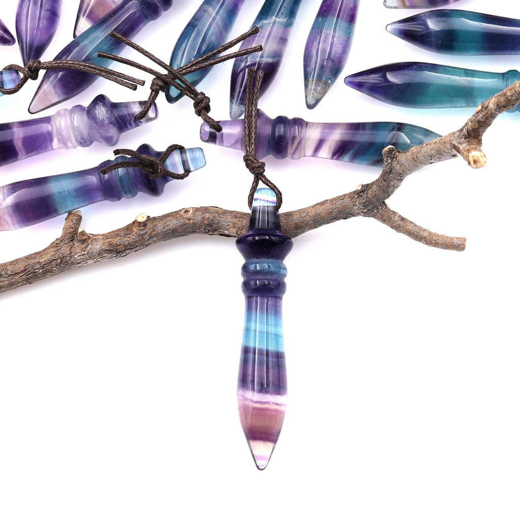 Natural Fluorite Carved Wand Ritual Dagger Pendant Drilled Crystal Gemstone Bead Pendulum A1